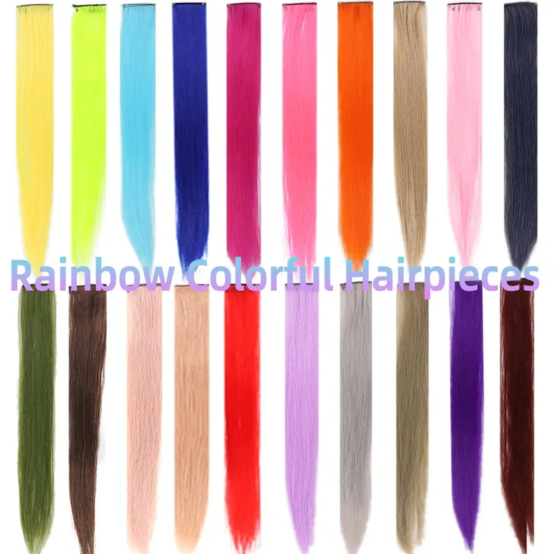 Extensions capillaires synthétiques à reflets colorés de 22 pouces, postiches longues et lisses arc-en-ciel pour femmes et enfants filles, violet, rose, bleu
