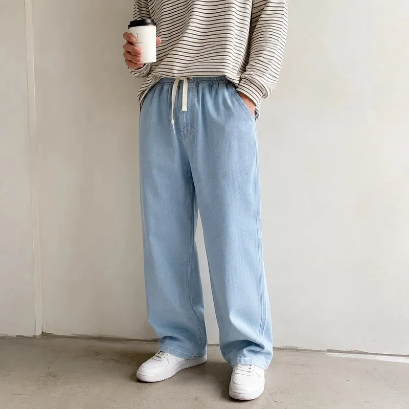 2026 New Streetwear Loose Jeans Men Korean Style Fashion Loose Straight Wide Leg Pants Men's Brand Clothing Black Light Blue