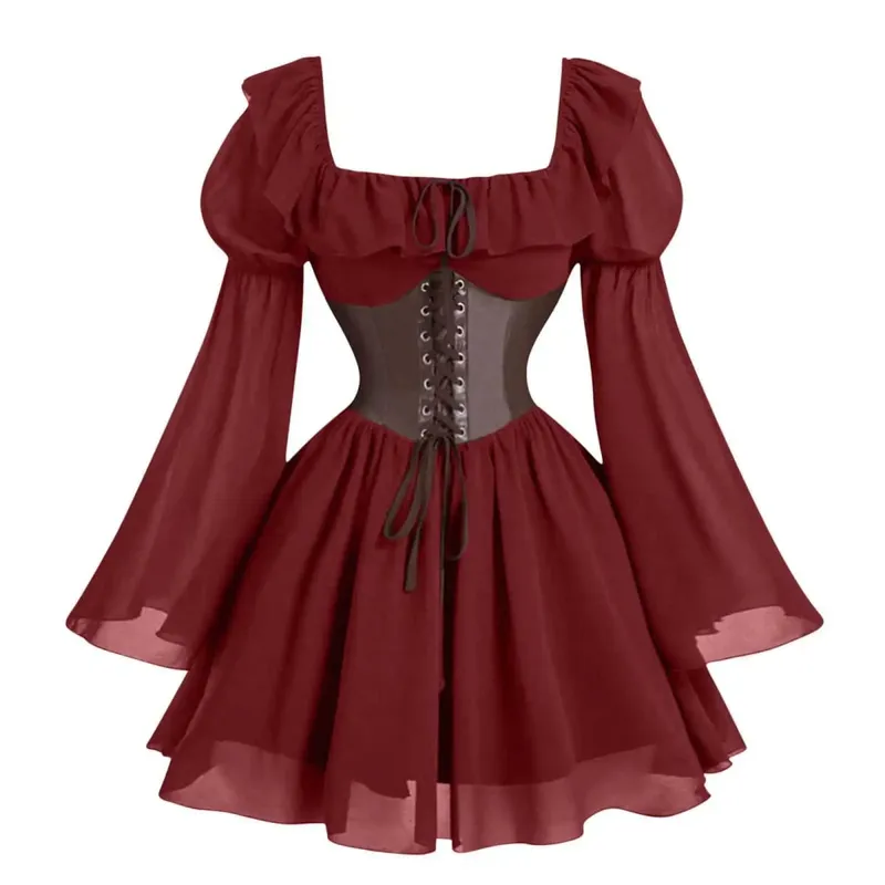 Renaissance Period Medieval New Long Sleeved Women's Bubble Sleeve Dress Halloween Fashion Retro New Party Waist Cinched Skirt