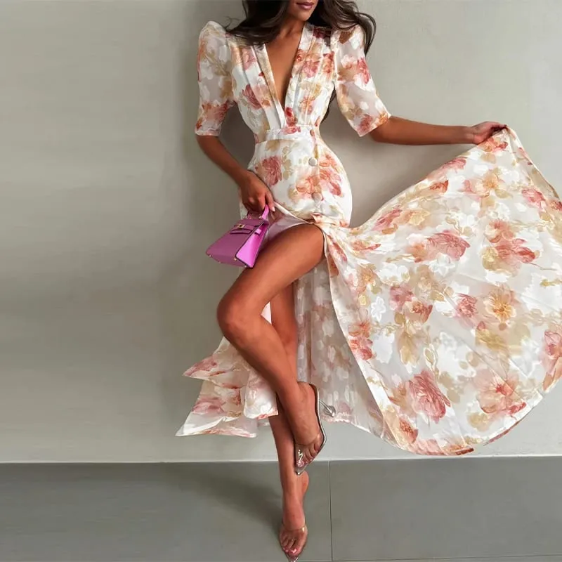 Elegant Printed Waistband Women's Summer Dress Waist Cinched Satin V-neck Puff Sleeve Buttons Dresses 2026 Holiday Short Vestido