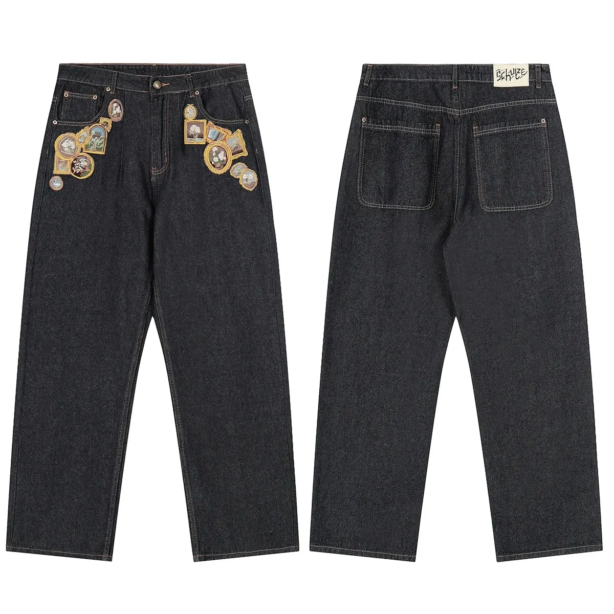 High Street Flower koi Fish Embroidery Baggy Jeans Pants for Men and Women Pantalones Hombre Straight Denim Trousers Oversized