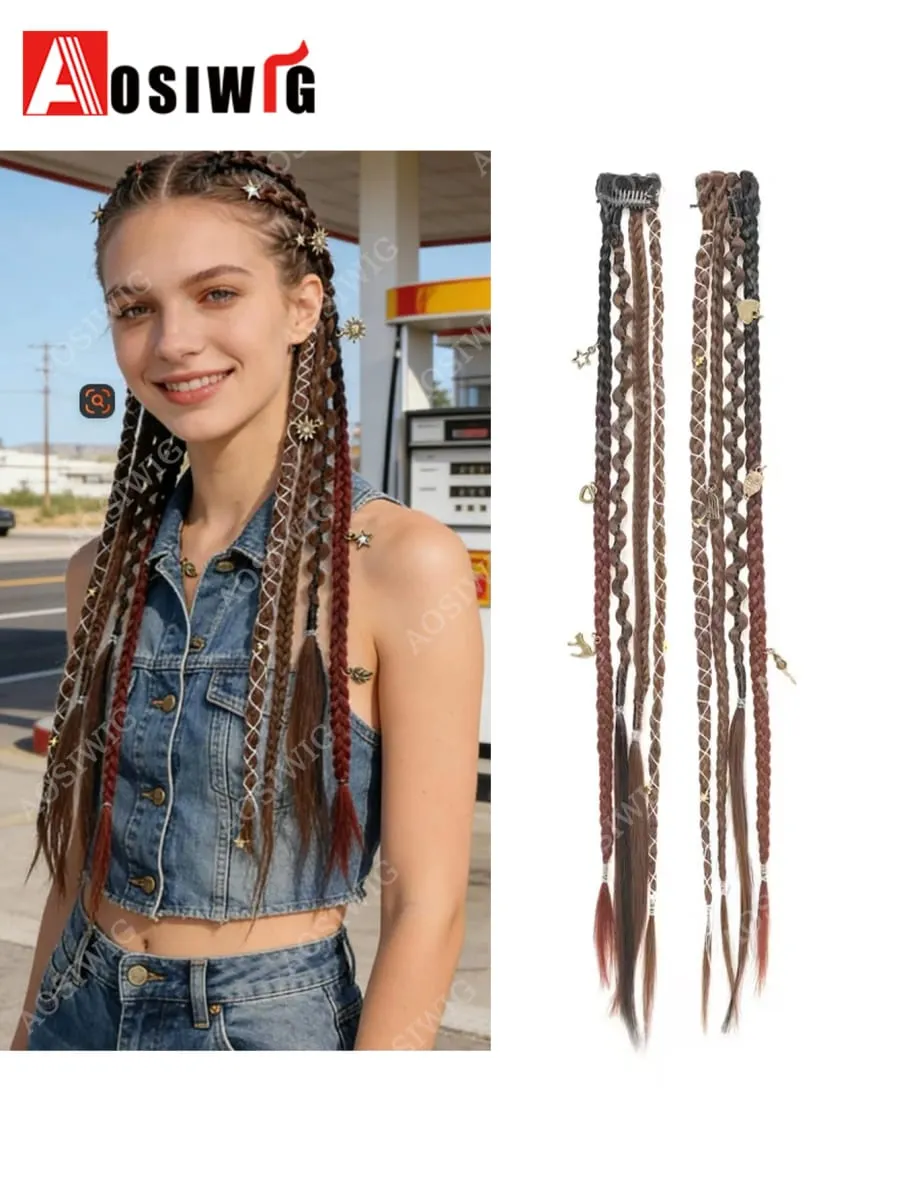 2pc Ombre Synthetic Bohemian Style Braids Hair Extensions Clip in Hairpiece Heat Resistant For Hairpieces Women Hair Accessories