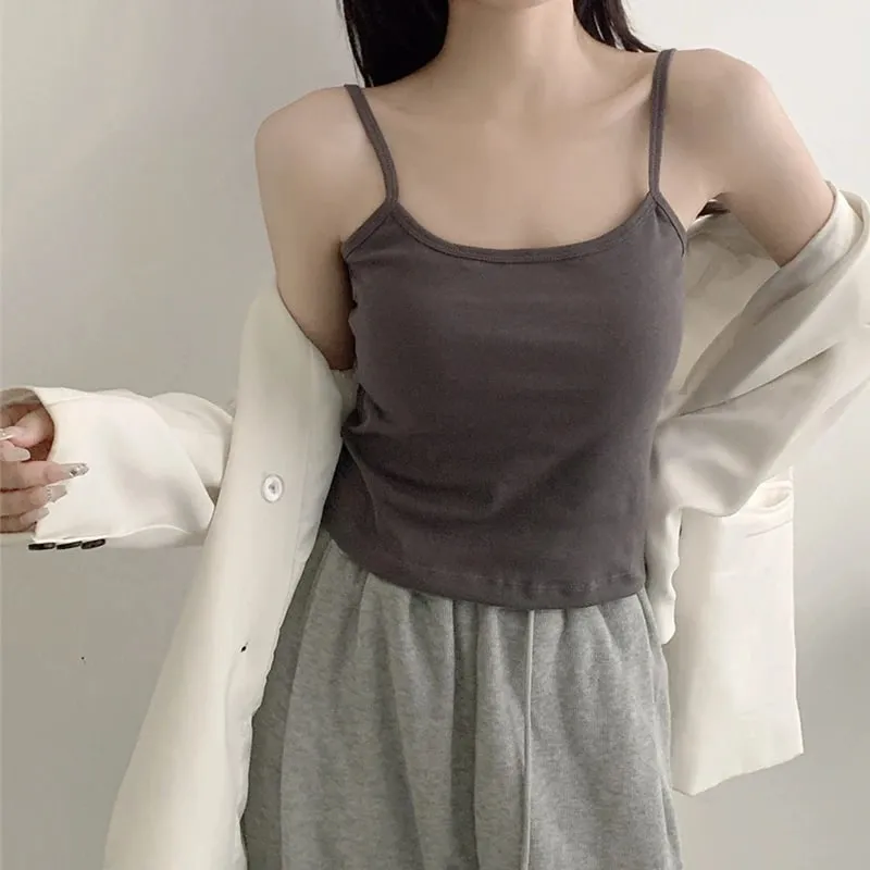 Women's Camisole With Built In Bra Pads Slim Fit Crop Tank Top Basic Spaghetti Strap Cami Casual Summer Sleeveless Top