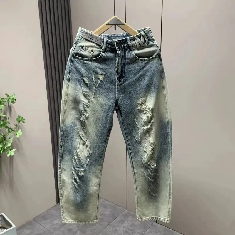 Men's Jeans Man Pants Classic Straight Fit Faded Ripped Jeans Denim Trouser Casual Loose Slim Stylish Street Retro Blue