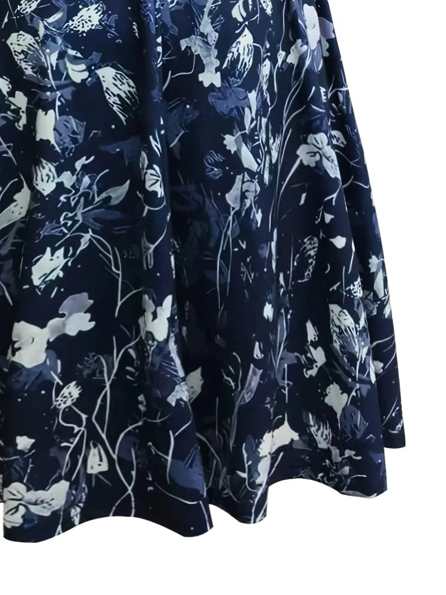 Elegant Floral Printed V-Neck Mid-Length Pocket Dress Polyester Blends for Spring Summer Autumn Three Season Women's Dress