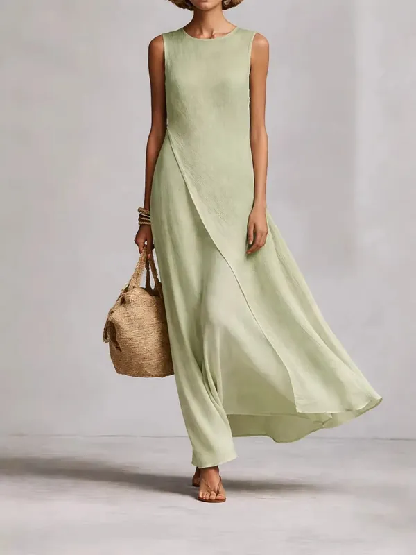Womens New O Neck Loose Maxi Dress Casual Asymmetrical Hem Long Dresses Elegant Sleeveless Summer Beach Vacation Sundress Female