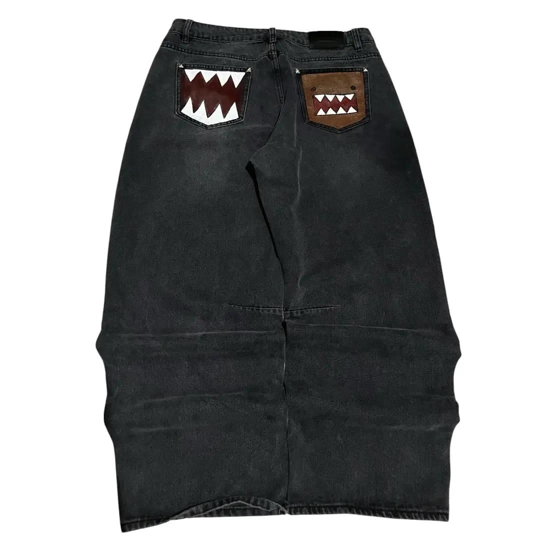 Y2k Wash Dark Baggy Jeans Men Shark Mouth Pocket Print White Tribal Flame Side Graphic Wide Leg Harajuku Hip Hop Denim Trousers