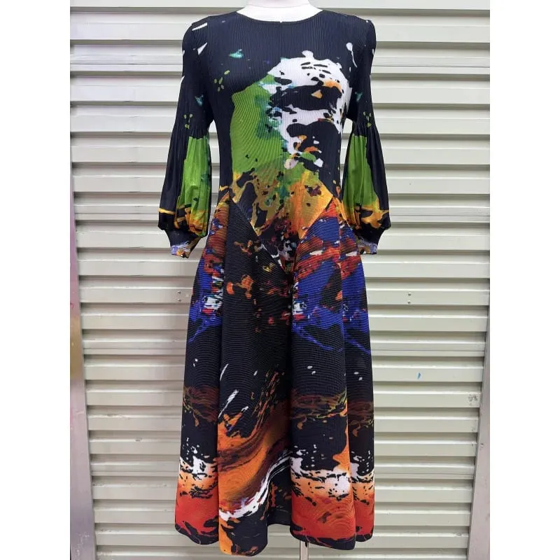 Miyake Plissee Kleider 2026 Herbst Neue Sanfte Französisch Druck Elegante Stretch Plus Größe frauen Langarm Bounce Blume Knospe kleid