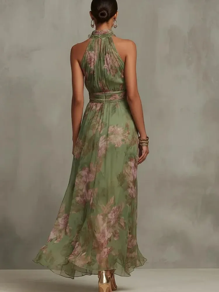 Fashion Sleeveless High Neck Ruched Waist Chiffon Flowy Evening Party Dress 2026 New Women Floral Print Halter Maxi Dress