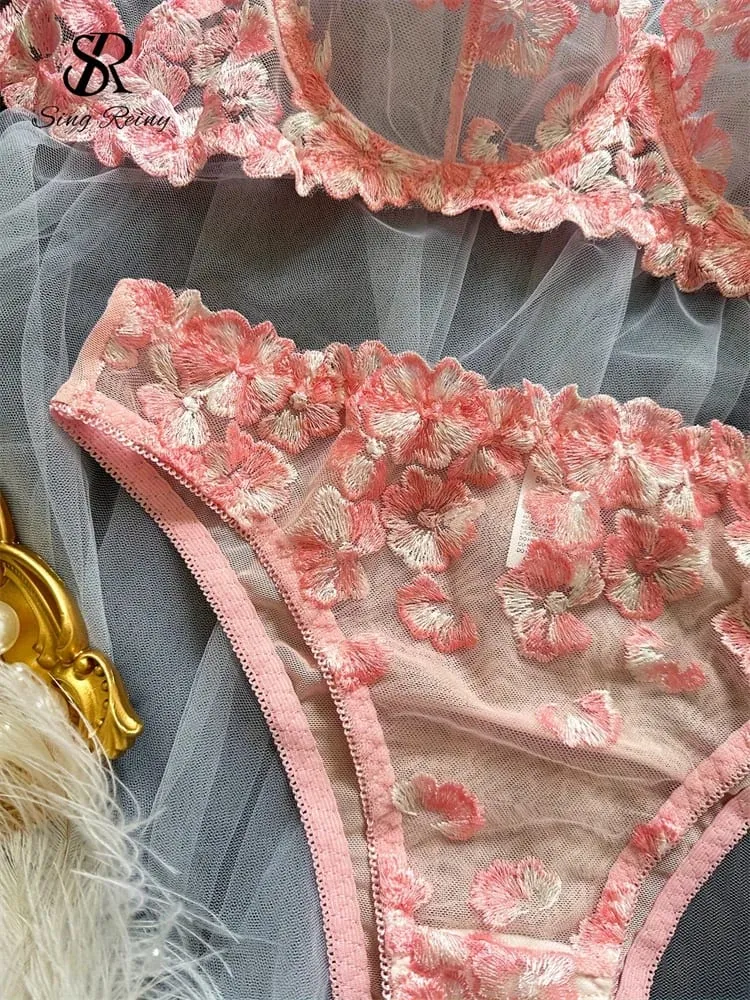 Διχτυωτό Sheer Εσώρουχα Δύο Κοστούμια Γαλλικά Floral Seusual Σετ Εσωρούχων Γυναικεία Κέντημα Σέξι Σετ σουτιέν και σλιπ