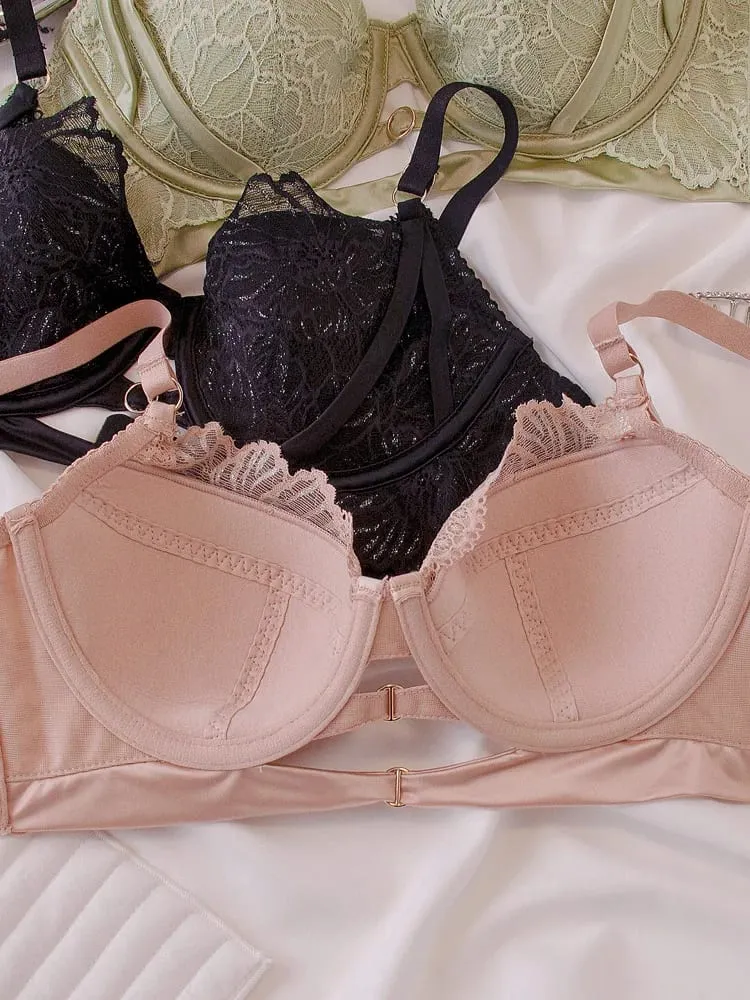 Sexy hollow lace bra set with steel ring thin large breasts show small underwear girls push up ladies lingerie panty