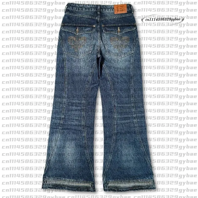 2026 Y2K Retro Blue Flare Jeans Unisex Washed Denim Pants Embroidered Back Pocket Streetwear Wide Leg Bootcut Jeans