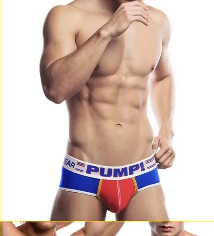 Celana Dalam Katun Warna Blok Pria, Pump! Logo Celana Dalam Kantong Cembung 3D Seksi Bertingkat Rendah Ikat Pinggang Lebar 3256813080433415