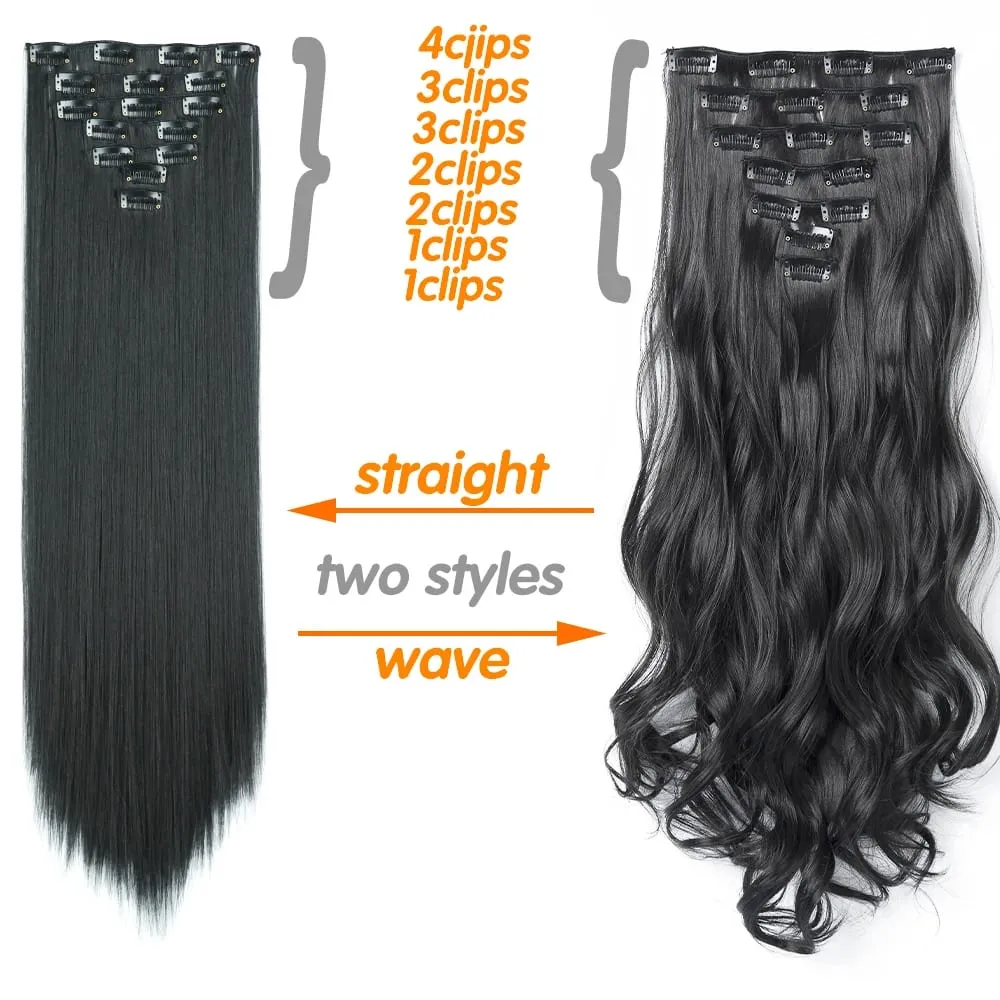 Synthetic 7Pcs/Set 22" Wavy Hairpiece Straight 16 Clips Hair Extensions Heat Resistant Styling False Hair