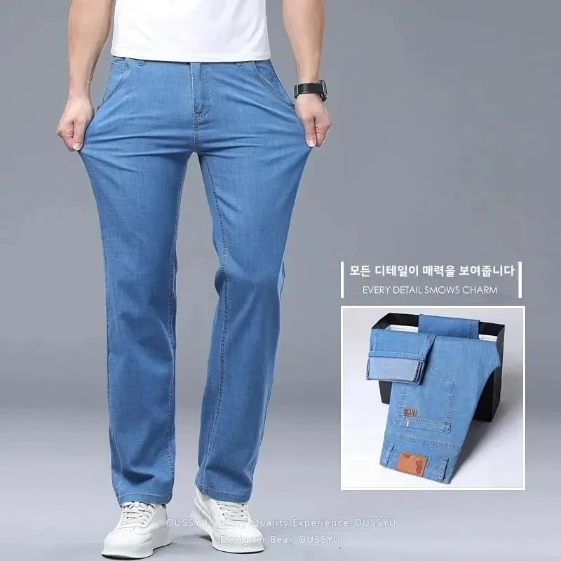 Summer Thin Men's Elastic Cotton Jeans Fashion Business Straight Casual Denim Pants Male Work Clothes Slim Trousers Plus Size 40