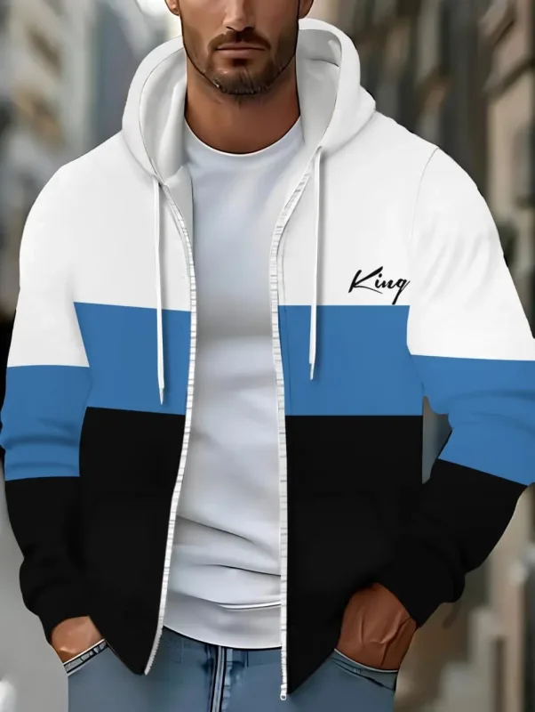 Hoodies for Man Striped Print Full Zip Sweatshirt Outdoor Wear Man Hoodie Fashion Casual Loose Sports Tops Pullover Man Clothing