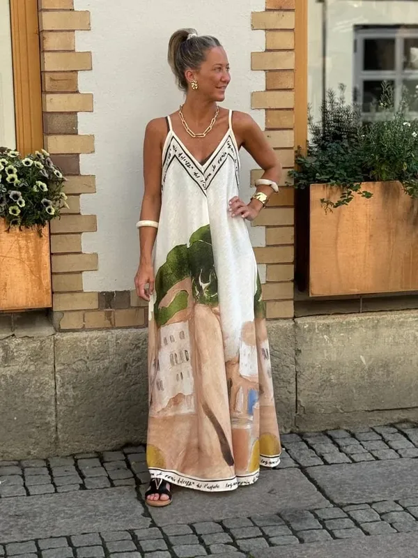 Casual Off Shoulder Hollow Swing Beach Dress Loose Suspender Summer Bohemian Dress Vintage Women V Neck Sleeveless Holiday Dress