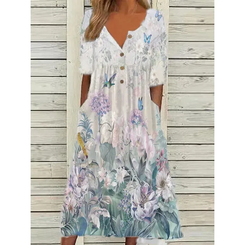 Women Dresses 2026 Spring autumn New floral printed V-neck button short-sleeved pocket long dresses women's clothing vestidoes