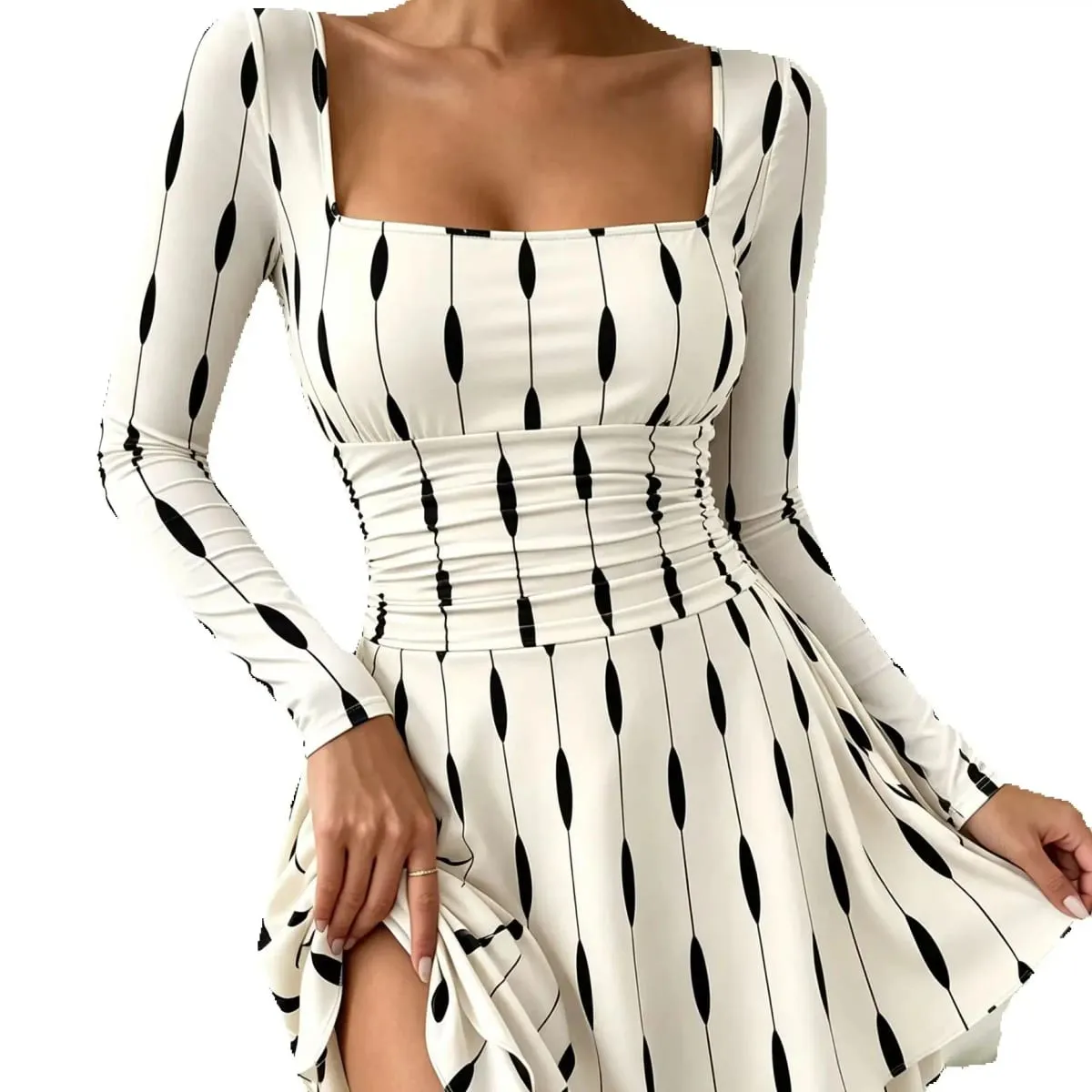 Autumn Geometric Print Mini Dress Women's Sexy Square Neck Long Sleeve Waist Cinched A-Line Skirt Length Fashionable
