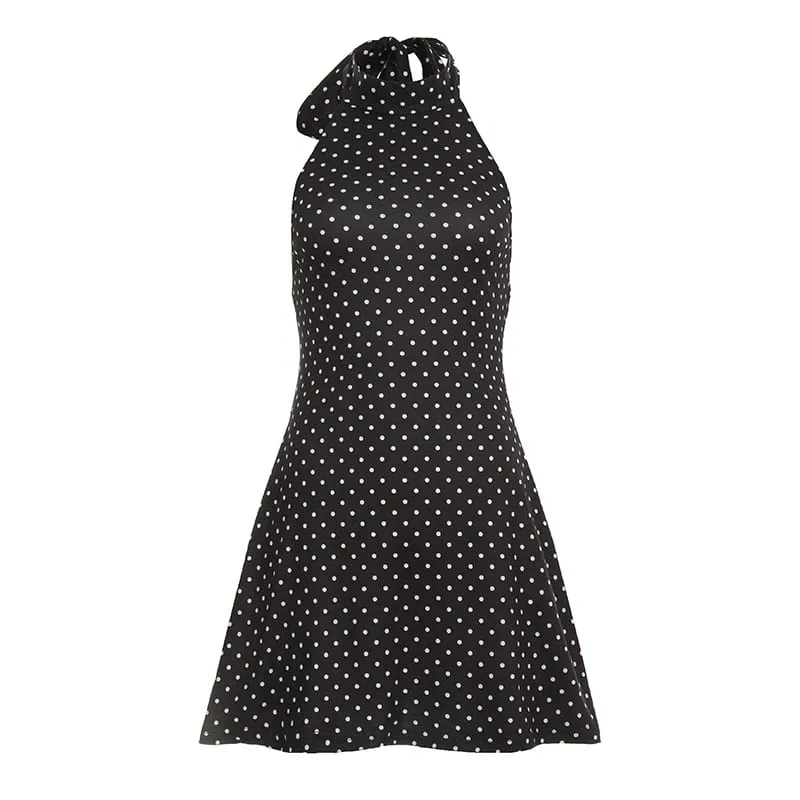 Sexy Polka Dot Print Halter Dress For Women Elegant Party Slim Backless Sleeveless Mini Dress Summer Vacation Outfits