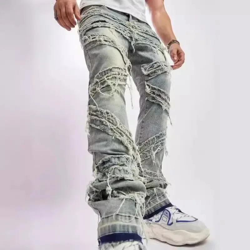 Gescheurde herenjeans Rekbaar denim Street chic Scheurend patchwork Gaten Gescheurd denim Losse casual broek Slim-fit rechte broek