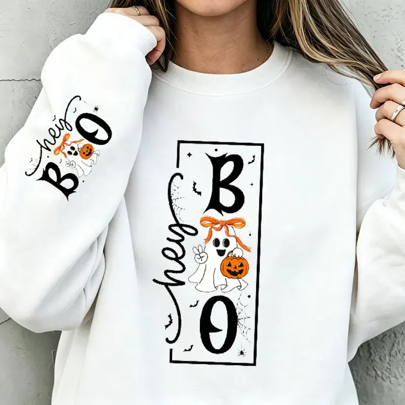 Cute Bow Ghost Pumpkin Hoodies Graphic Halloween Hey Boo Unisex Sweatshirt Crewneck Long Sleeve Fall Pullover Cotton Tops 330gsm