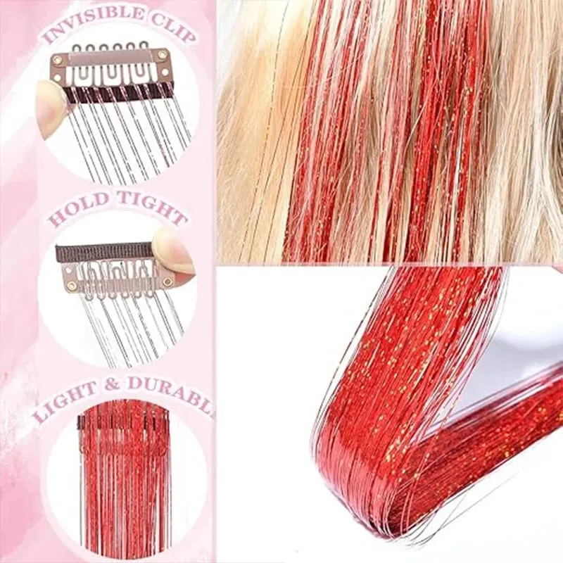 12Pcs Clip in Hair Tinsel Kit Red Hair Tinsel 22Inch Tinsel Hair Extensions Christmas Hair Tinsel Party Festival Accessories