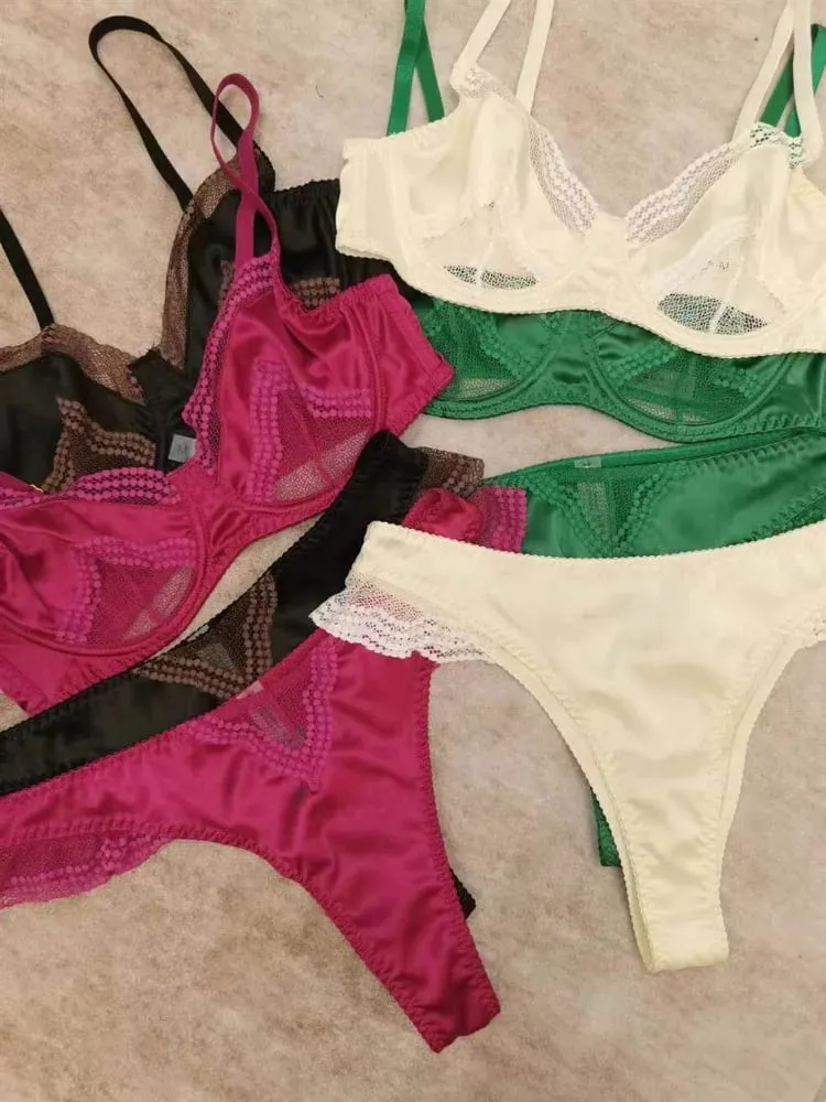Satin Dessous-Set Französischer Spitzen-BH mit Vorder-Verschluss - Ultra dünn Minimizer & Push Up für jede Größe BANERDANNI AB