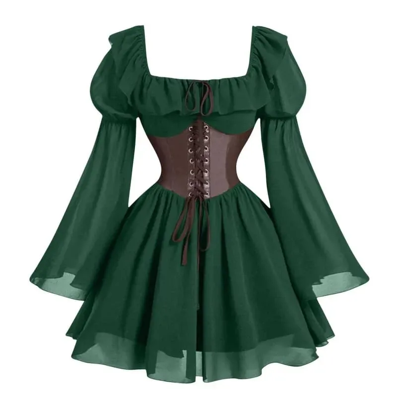 Renaissance Period Medieval New Long Sleeved Women's Bubble Sleeve Dress Halloween Fashion Retro New Party Waist Cinched Skirt