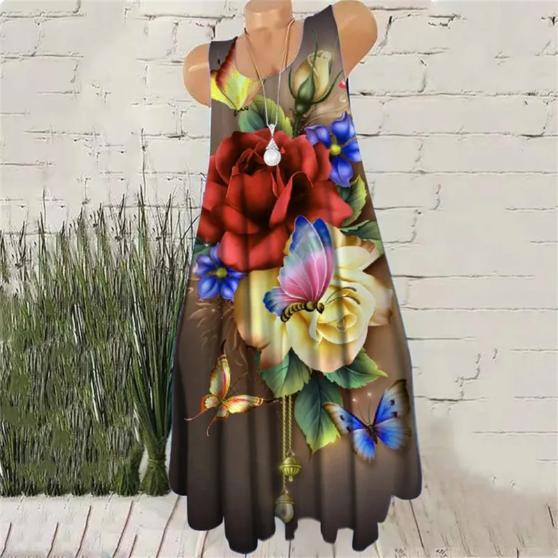Sleeveless Women Floral Print Dresses Summer Beach Casual Female Short Dress Flower Pattern Wine Red Ladies Street Mini Dress