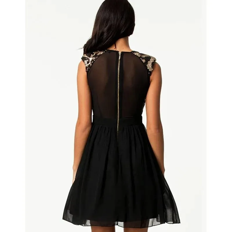 Elegant Vintage Black Mesh Insert Skater Dress Sexy Peplum Dress New Fashion Summer Dress Women Casual Chiffon Dress