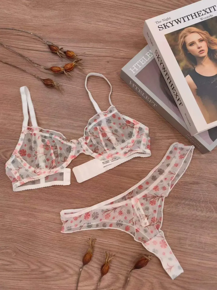Ultra-thin vintage floral lace underwear large size push up women bra with underpants suit gathering lingerie briefs sets