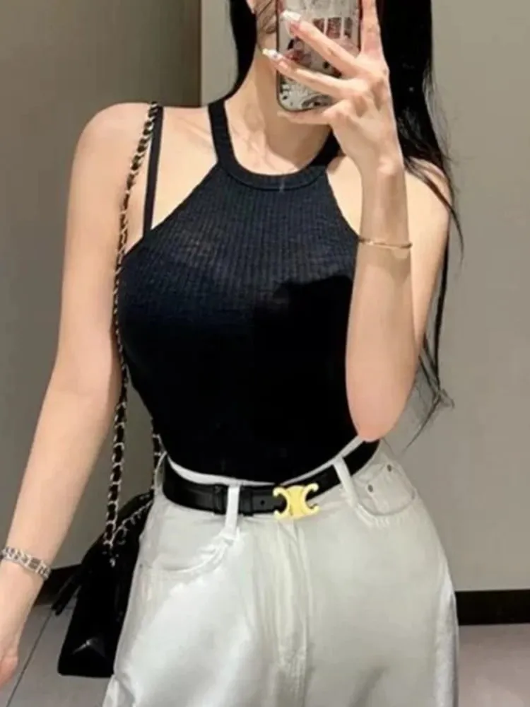 Halter Off Shoulder Crop Top Korean New Arrival Elegant Slim O-Neck Tank Top Women Fashion Figure Flattering Sleeveless Camis