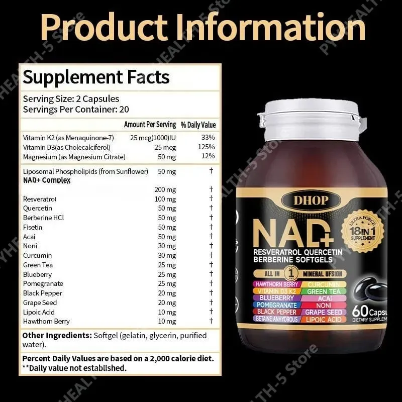 NAD+ Softgels med Resveratrol Quercetin Berberine Softgels 18-i-1 tillägg för övergripande hälsostöd 60 kapslar