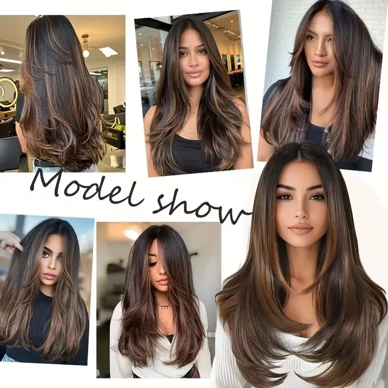 22Inch Synthetic Long Straight V-Shaped Layered Clip-In Hair Extensions for Women Invisible Seamless Hairpiece for Women