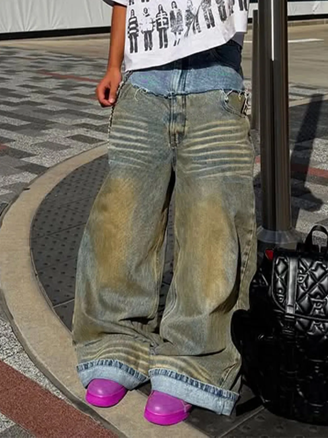 Men's Loose Spliced Casual Daily Trendy Wide Leg Denim Trousers European American New Fashion Male Jeans Pants Bottom Clothes — image 8