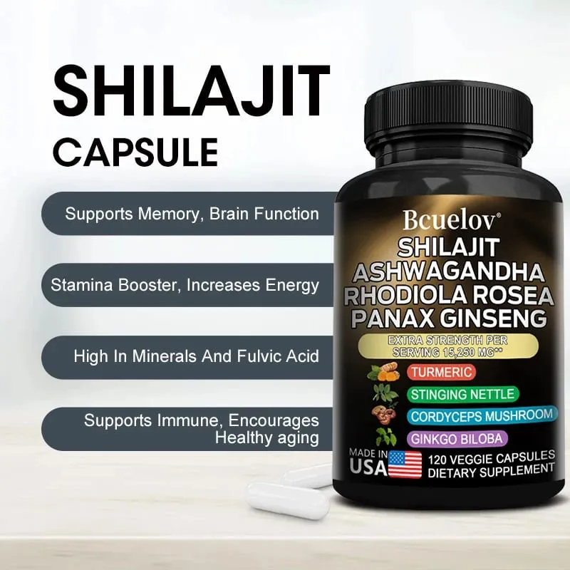 Capsule 8 in 1 di Shilajit Pure Himalaya con Ashwagandha Rhodiola e Panax Ginseng per supportare la salute delle articolazioni cerebrali e del sistema immunitario