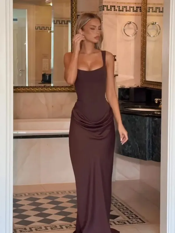 Women Brown Ruched Chic Mini Dress Square Neck Sleeveless Fitted Pleated Hem Robe Summer Street Party Solid Lady Vestidos 2026 — image 10