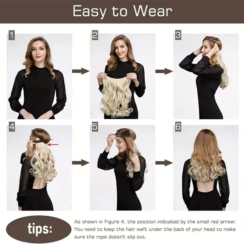 20Inch Synthetic Long Curly Invisible Wire Hair Extensions Headband Heat Resistant No Clips Hairpiece for Women