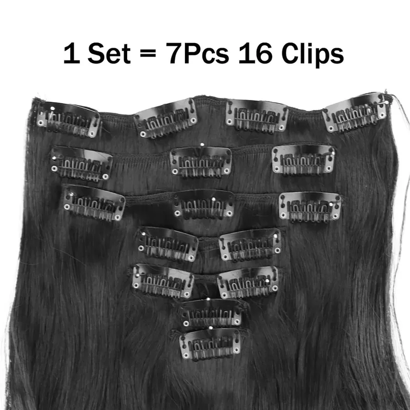 合成 16 クリップヘアエクステンション 7 ピース/セットロングウェーブのかかったヘアスタイル 24 インチ 140 グラムクリップ耐熱ブラックブラウンヘアピース