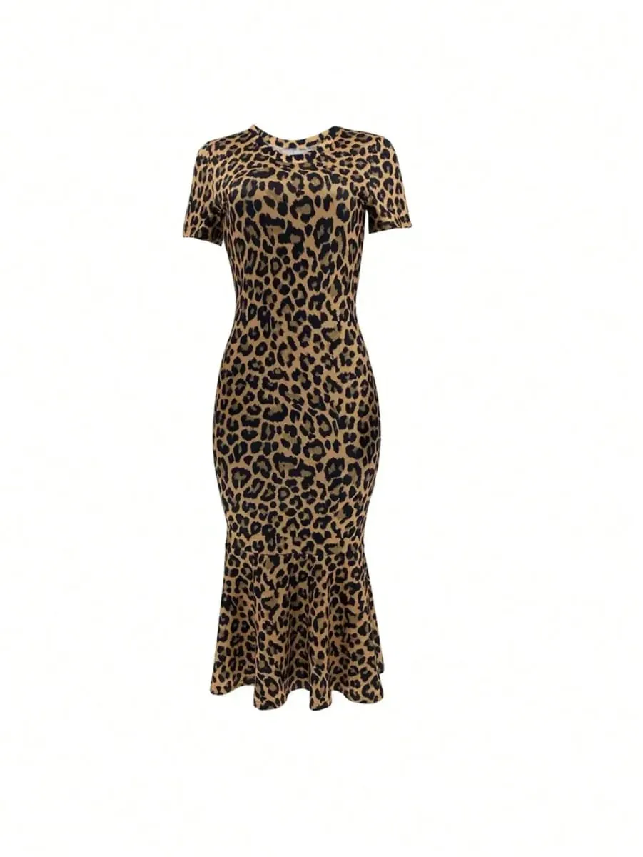 Spring Summer Fashion European Style Leopard Print round Neck Short Sleeve Fish Tail Hem Long Dress