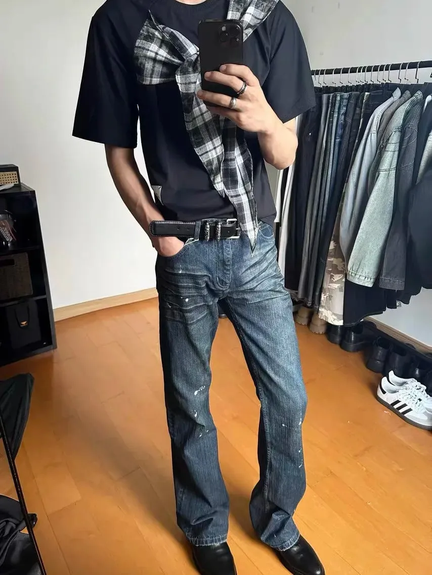 Cleanfit Style Heavyweight Bootcut Men's Jeans Faded Dyeing Slim Fit Distressed Long Trousers Casual Fashion