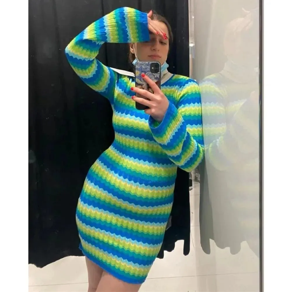 Candy Colored Stripes Women's Slim Bodycon Dress Long Sleeved Backless Mini Dress Autumn Winter Evening Club Party Wear
