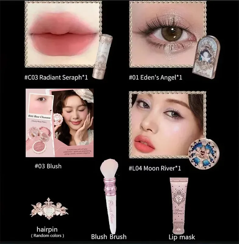 Flower Know Little Angel Collection Kotak Hadiah Makeup Eyeshadow Blush Cream Matte Lipstik Highlighter Kit Lengkap Semua Dalam Satu