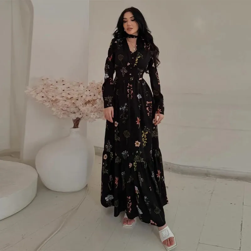 Elegant Printed Flower Women's Dress Contrast Sleeveless Halter Waist-Closed A-Line Lady Dresses Summer Fashion Vacation Robe