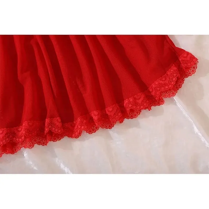 Sexy Bra And Garter Belt Lingerie Hot Red Babydoll Dress Erotic Women Exquisite 3-Piece Sets Thong Nightgown Set With Leg Rings