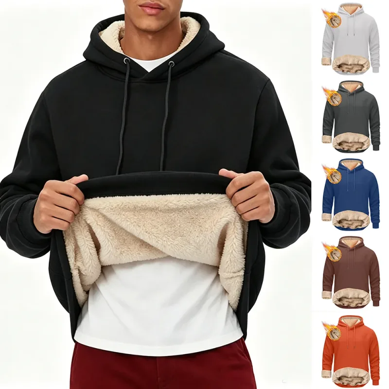Winter Men's Warm Hoodies Sports Thick Sweatshirts Windproof Thermal Casual Solid Color Loose Long Sleeve Pullover Streetwear
