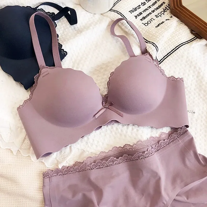 Wire Free Push Up Thicken Underwear For Women Small Chest Gather Seamless Bra And Panty Sets Bow Pure Color Fashion Intimates
