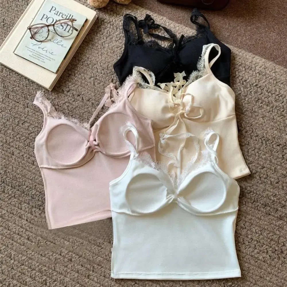 Womens Tops Sexy Tank Top Ladies Built In Bra Solid Color Camis Off Shoulder Sleeveless Camisole Sweet Lace Sling Top Tees