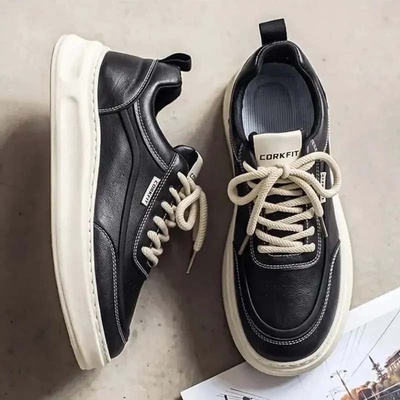 Men Sneakers Spring Summer Casual Board Shoes Smooth Texture Thick Sole Lace Up Minimalist Daily Footwear